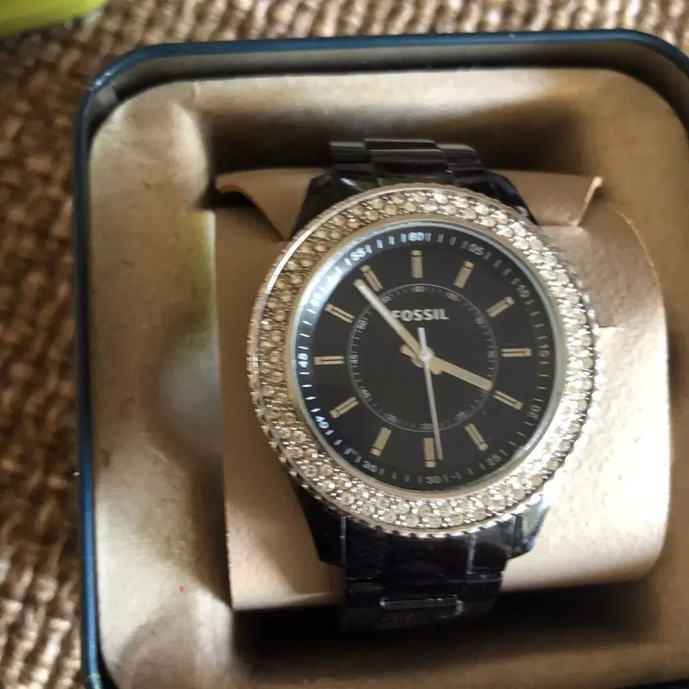 Fossil black resin watch w/ rhinestone face